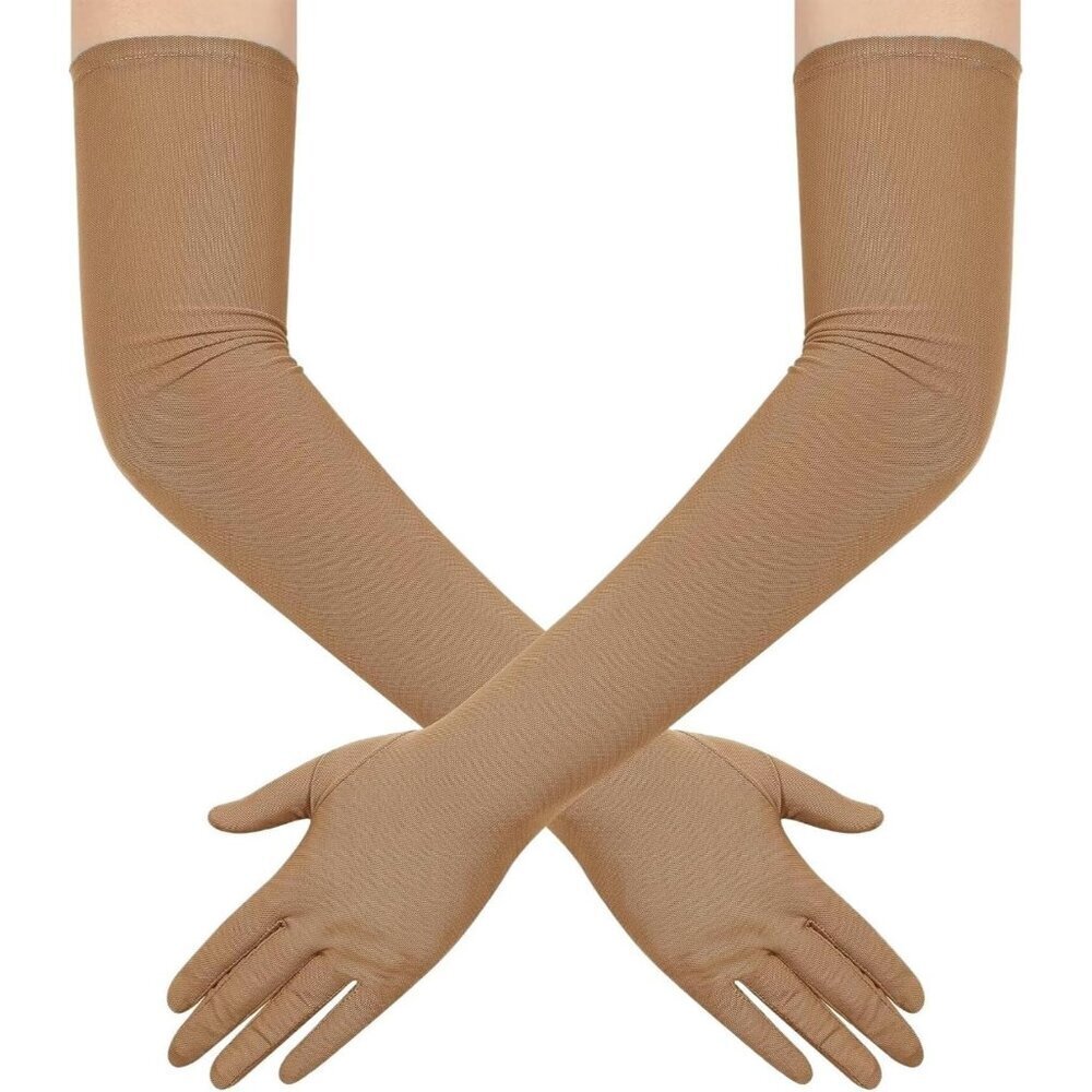 Women's Tulle Mesh Khaki Long Stretchy Gloves Halloween Party Wedding Costume